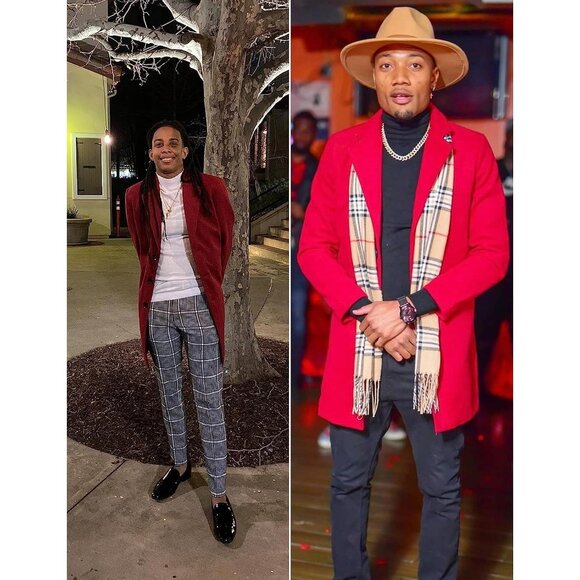 ✨Men Red Wool Blend Pea Coat Notched Collar Single Overcoat Warm Trench Coat - Picture 4 of 5